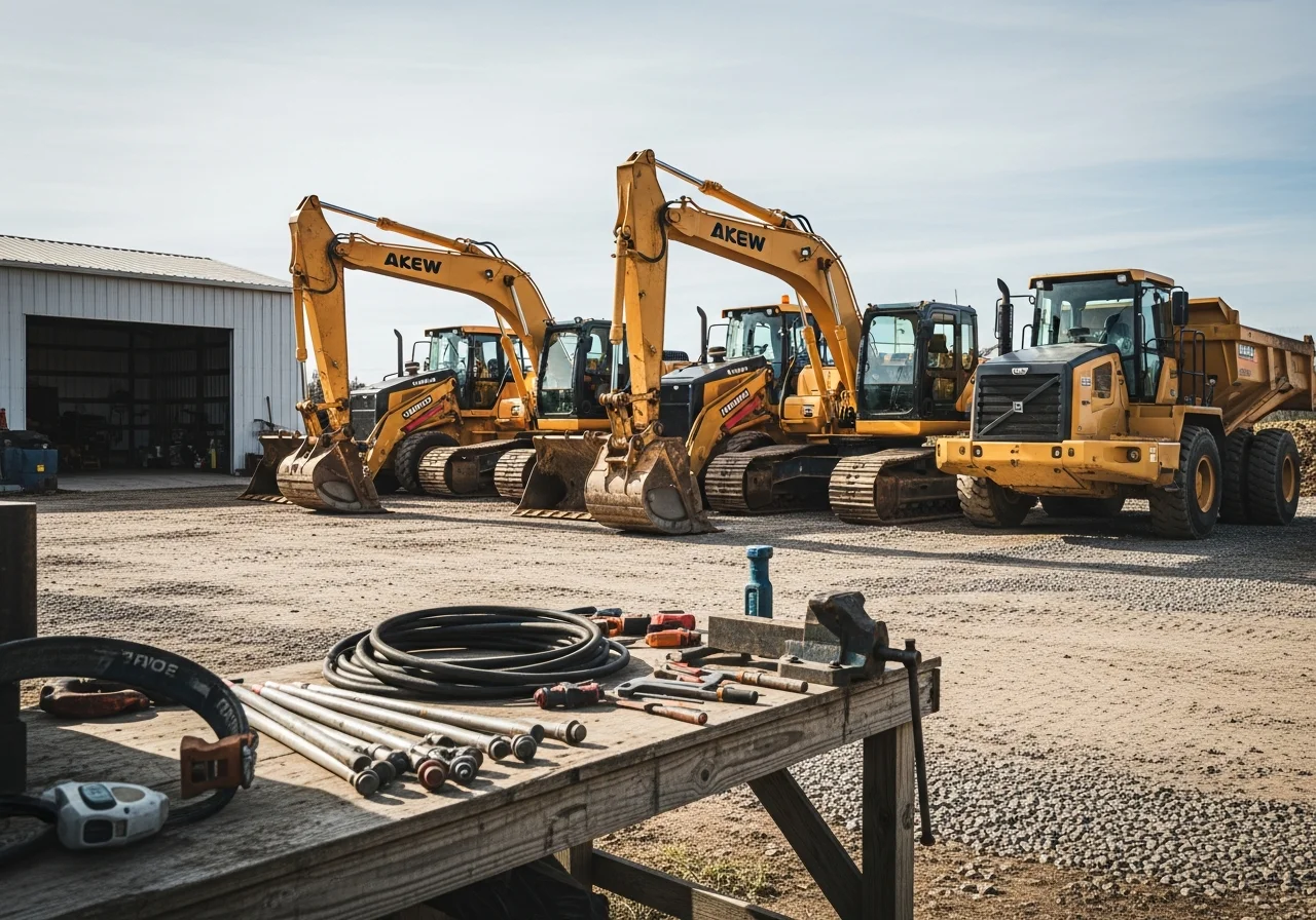 Heavy excavation equipment and crew tools staged on a job site, ready for underground utility and land clearing work.