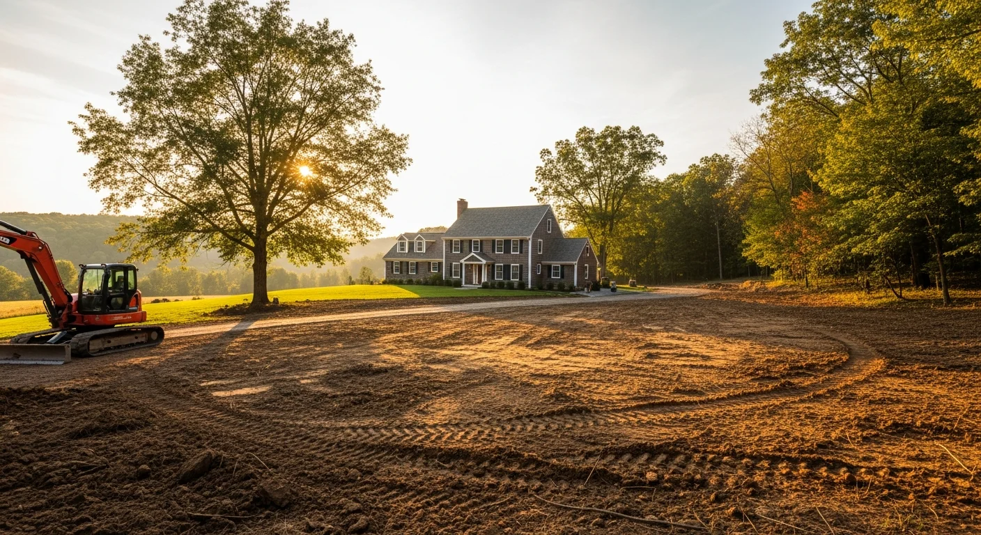 Rural Sussex County property with mountain backdrop and residential home surrounded by trees.