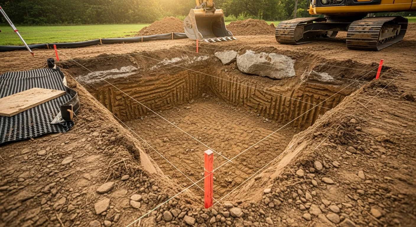 A tracked excavator digging a residential foundation on a sloped, rocky lot in Sussex County, New Jersey. Cleared soil and exposed ledge rock are visible along the excavation walls, with a graded access path leading to the site.