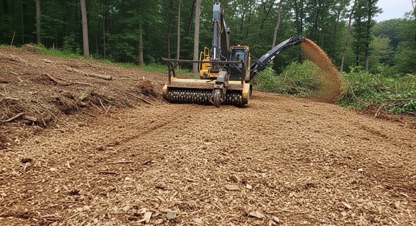 A forestry mulching machine clearing dense brush and small trees on a wooded residential lot in Sussex County, NJ. The cleared ground shows a uniform layer of wood chip mulch with open land visible beyond the tree line.
