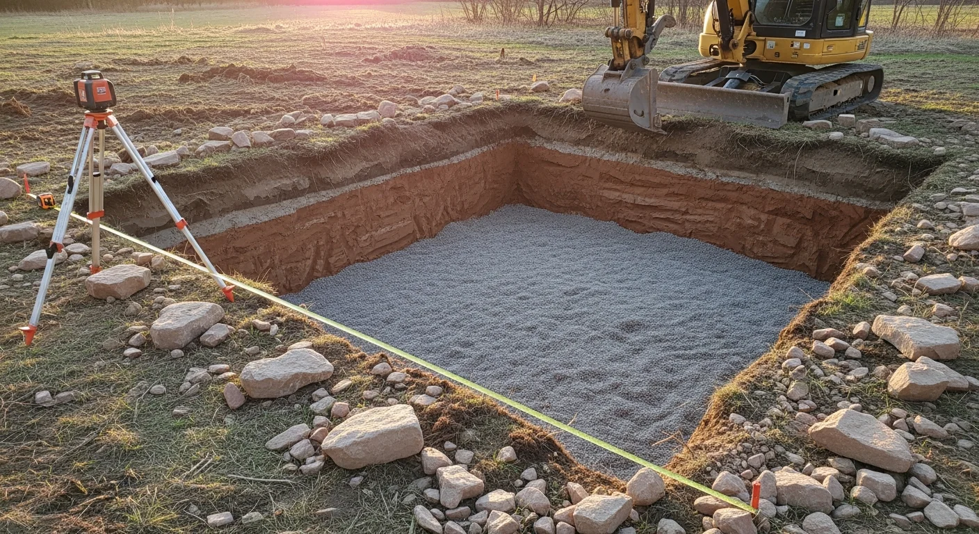A large excavator digging a deep rectangular foundation pit on a residential lot in Sussex County, New Jersey, with exposed soil walls and cleared ground surrounding the site. Rocky subsoil is visible along the pit walls, showing typical Sussex County terrain conditions.