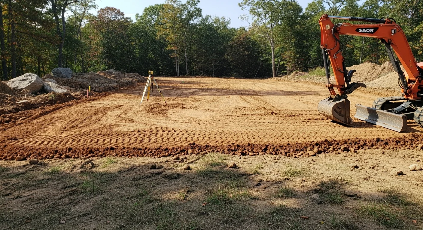 A Precision Earthworks excavator grading a sloped residential lot in Sussex County, New Jersey, with freshly leveled soil and a cleared building pad visible in the foreground.