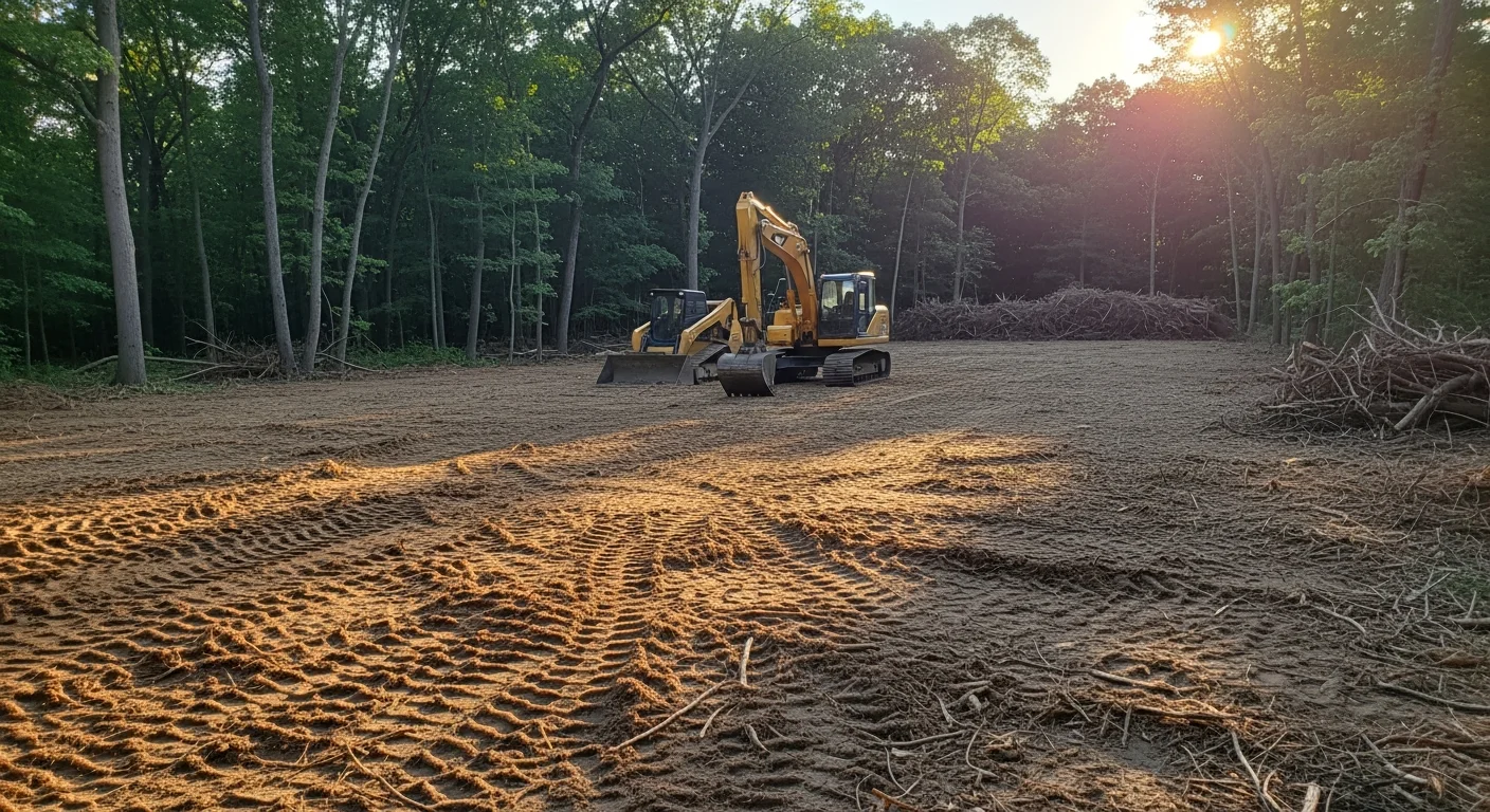 A Sussex County residential lot after professional land clearing by Precision Earthworks, showing open ground with stumps and brush fully removed and the surrounding tree line intact. Heavy equipment tracks are visible across the graded soil, with a cleared building area ready for construction.