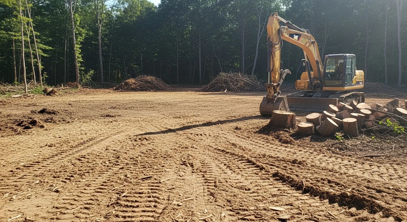 A freshly cleared residential lot in Sussex County, NJ showing open, level ground with stumps removed and surrounding woodland visible at the property edge. Heavy equipment tracks in the soil indicate recent lot clearing work by a land clearing crew.