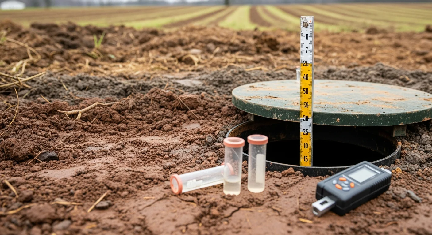 A septic system inspection in progress on a rural Sussex County, NJ property, with a technician accessing the tank lid in a grassy yard. The surrounding landscape shows the wooded, low-lying terrain typical of Sussex County residential lots.