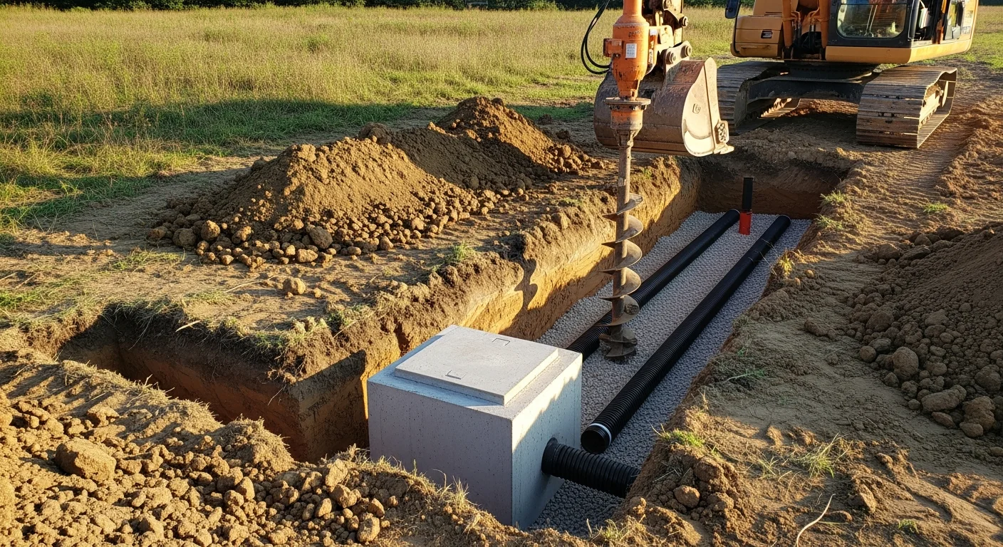 A newly installed septic system with a concrete tank set in excavated ground on a rural Sussex County, NJ residential property. Final grading work is visible around the tank and drain field area with surrounding wooded landscape in the background.