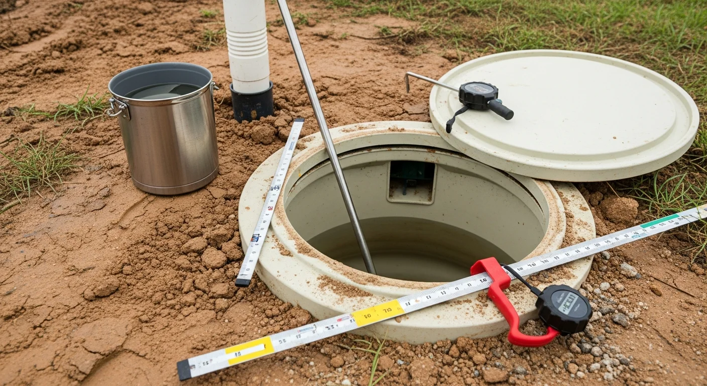 A septic tank access cover open in a grassy Sussex County, NJ yard, with a service technician inspecting the tank interior during a routine maintenance visit. Rural tree line and rolling terrain visible in the background.