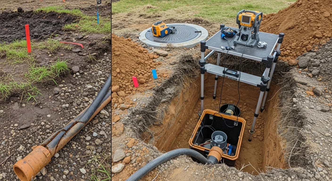 A Precision Earthworks technician inspecting an exposed septic distribution box on a residential property in Sussex County, NJ. The surrounding soil shows signs of recent excavation with a rural wooded backdrop typical of the area.