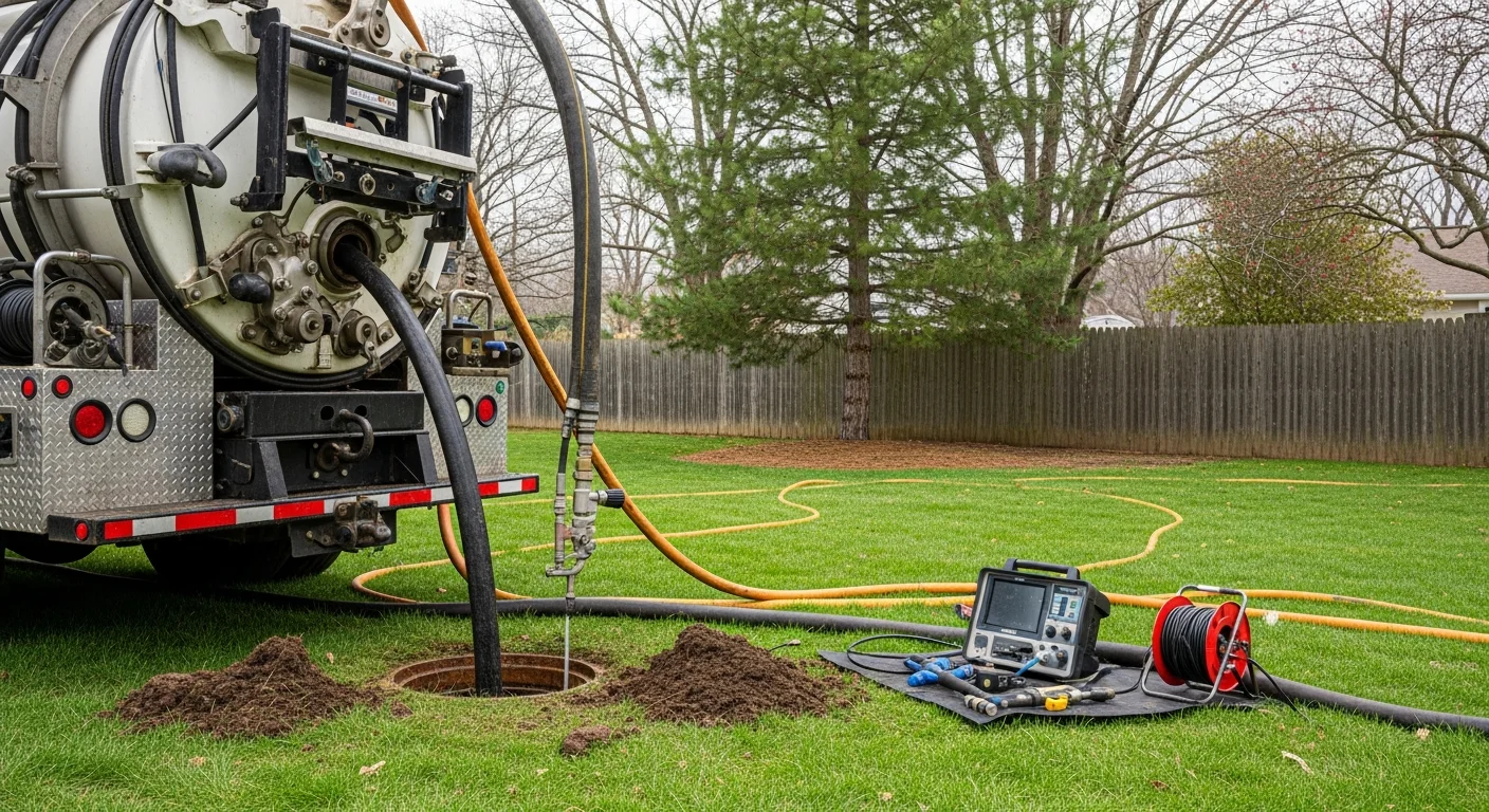 A sewer cleaning technician operating a drain cleaning machine connected to a residential sewer cleanout on a wooded Sussex County property. The surrounding yard shows mature trees typical of rural and suburban homes in the area.