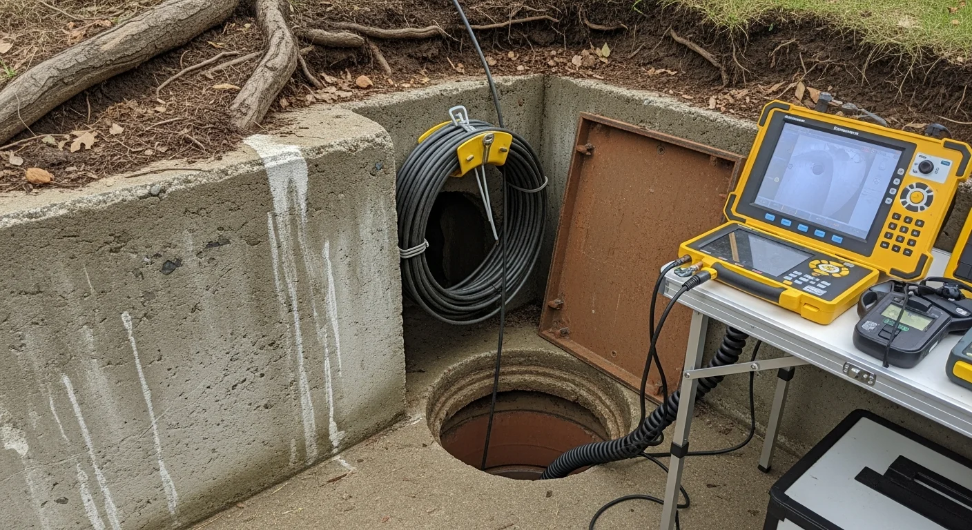 A sewer inspection camera feed showing the interior of a residential lateral pipe on a Sussex County property, with visible root intrusion along the pipe wall. A Precision Earthworks technician reviews the live footage on a monitor at the job site.