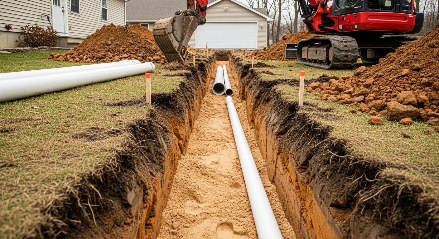 A freshly excavated sewer line trench on a residential property in Sussex County, NJ, showing a newly installed lateral pipe bedded in crushed stone before backfilling. Heavy excavation equipment sits alongside the trench on a property with rocky, wooded terrain typical of the Sussex County landscape.