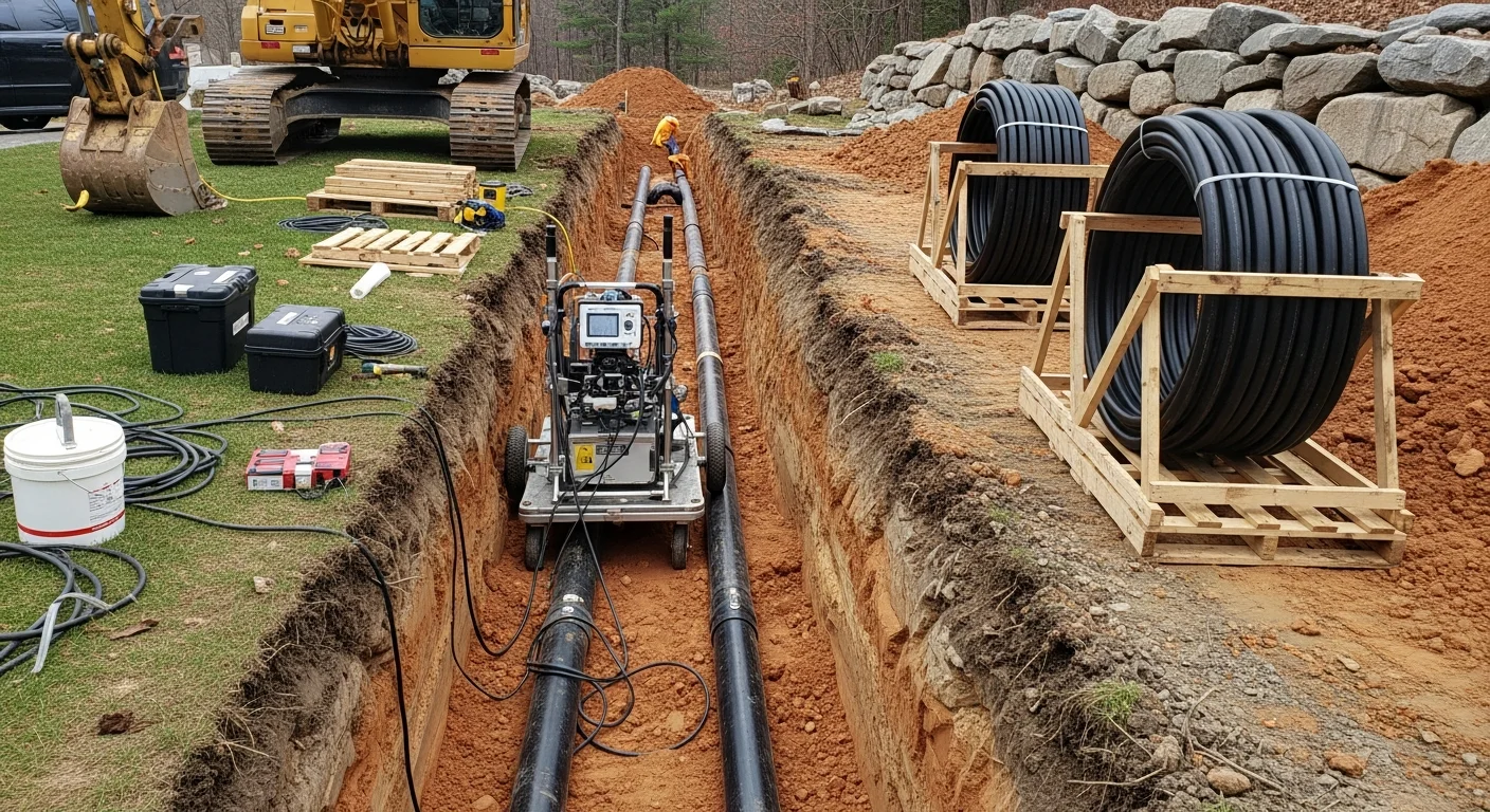 A Precision Earthworks crew excavating a failed residential sewer lateral in Sussex County, NJ, with a clean trench exposing the damaged pipe section. Surrounding soil shows the rocky, mixed-terrain conditions typical of the area.