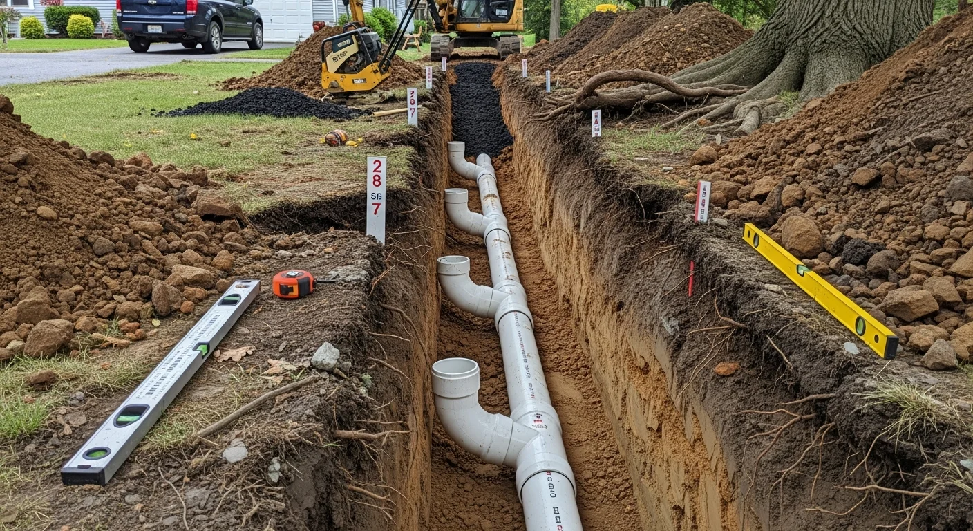 An open trench alongside a residential property in Sussex County, NJ, showing a newly installed sewer pipe bedded in crushed stone before backfill. A Precision Earthworks excavator sits at the edge of the trench on a wooded residential lot.