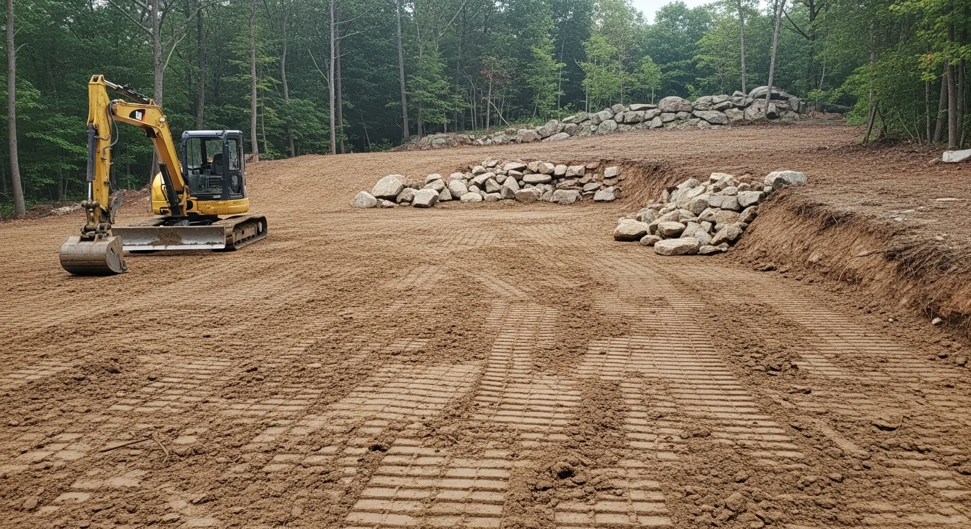 A tracked excavator clearing and grading a wooded residential lot in Sussex County, NJ, with rough terrain leveled and topsoil staged along the site edge. The prepared ground shows compacted subgrade ready for foundation work on a sloped, rocky property.