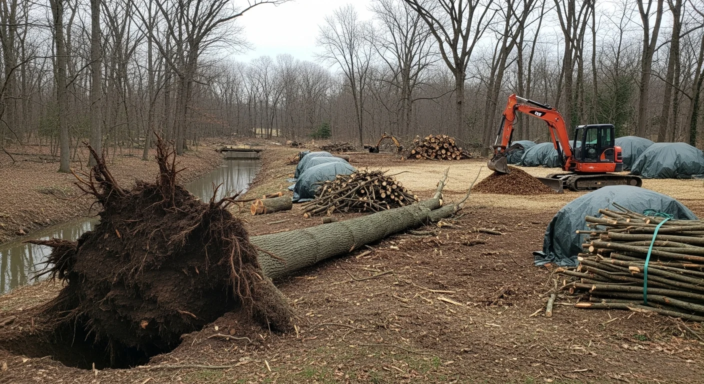 A Precision Earthworks crew clearing fallen trees and storm debris from a wooded residential property in Sussex County, NJ. The driveway and surrounding yard are visible with debris staged for removal.