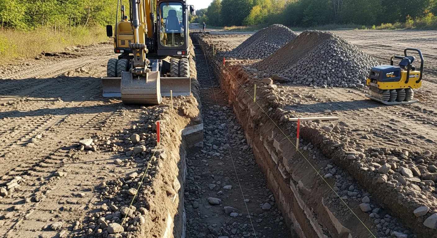 A Precision Earthworks excavator digging a clean utility trench through rocky residential property in Sussex County, New Jersey. Exposed soil walls show the layered glacial terrain typical of the region, with spoil piled neatly alongside the open trench.
